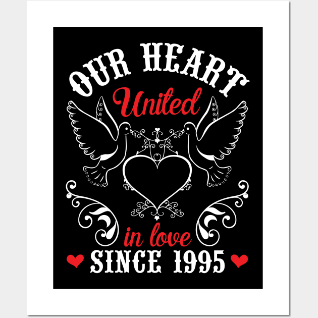 Husband Wife Our Heart United In Love Since 1995 Happy Wedding Married 25 Years Anniversary Wall Art by joandraelliot